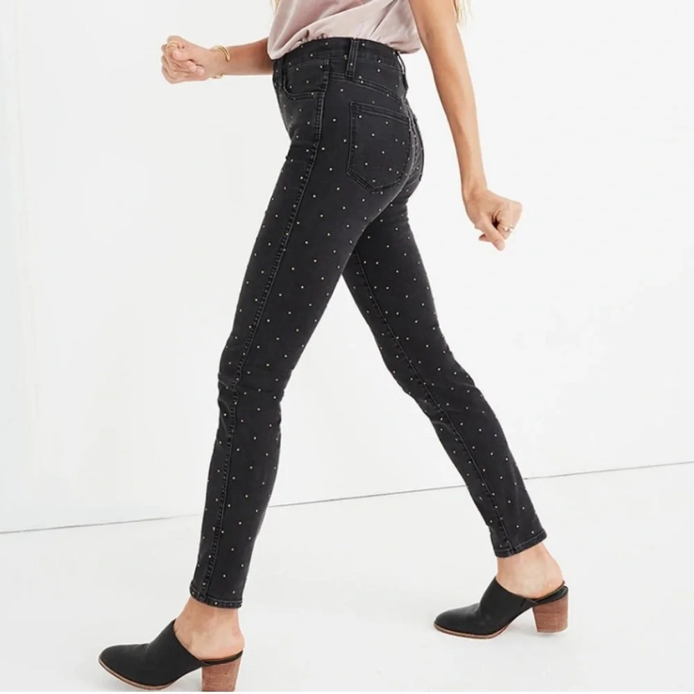 Madewell 10" High Rise Skinny Jeans Faded Black with Gold Polka Dots - Picture 1 of 6